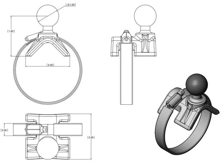 RAM Mounts Ram Strap Hose Clamp Ball Base 1"-2,1" Kulebase Med Slangeklemme, B-Kule RAM Mounts