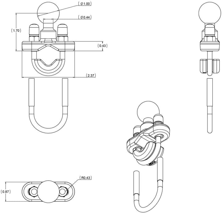 RAM Mounts Ram Handlebar U-Bolt Base For Rails U-Bolt Feste For Rør 12,7-25,4mm RAM Mounts