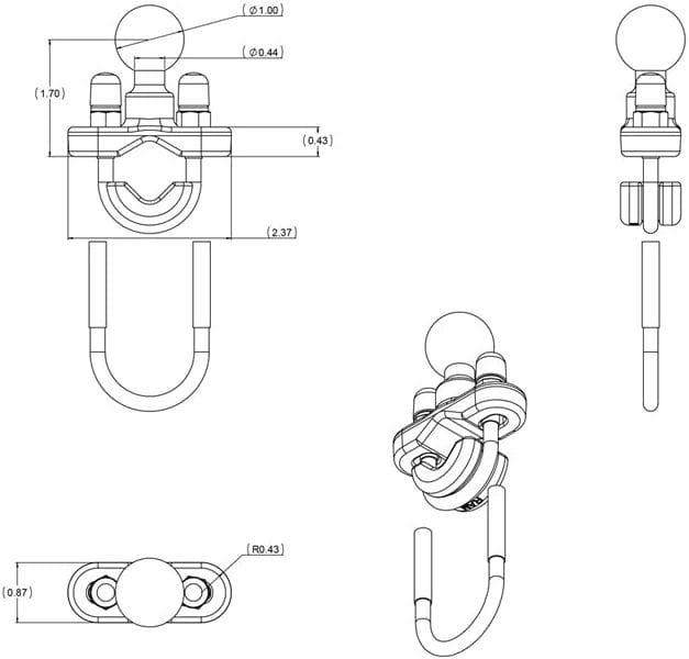 RAM Mounts Ram Handlebar U-Bolt Base For Rails U-Boltfeste For Rør 12,7-31,7mm B Kule RAM Mounts