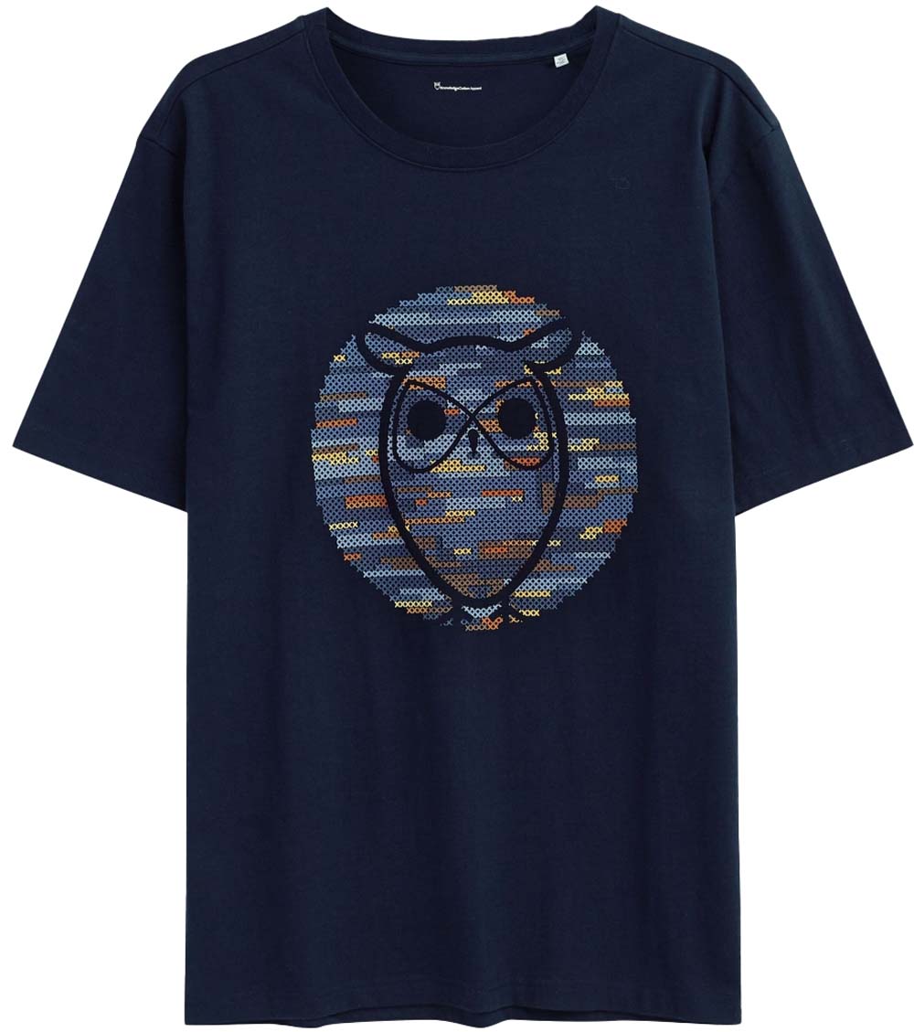 Knowledge Cotton Apparel Men’s Regular Short Sleeve Heavy Single Owl Cross Stitch Print T-Shirt Night Sky