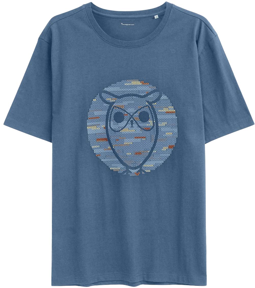 Knowledge Cotton Apparel Men’s Regular Short Sleeve Heavy Single Owl Cross Stitch Print T-Shirt Moonlight Blue