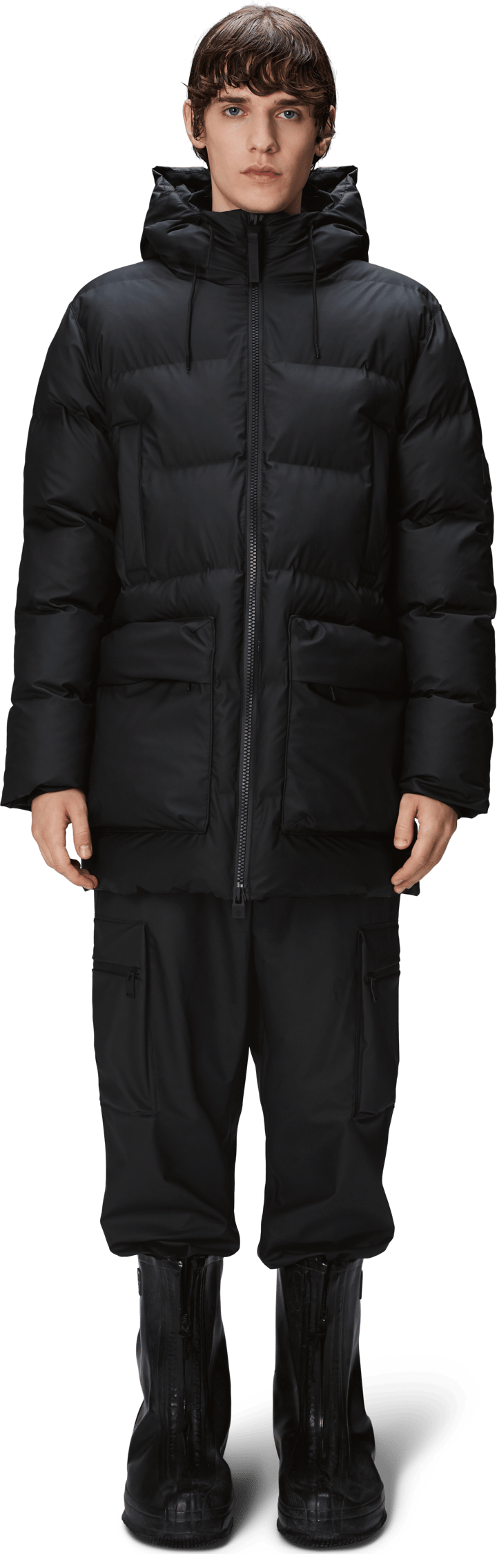 Rains Unisex Alta Long Puffer Cargo Jacket W3T4 Black Rains