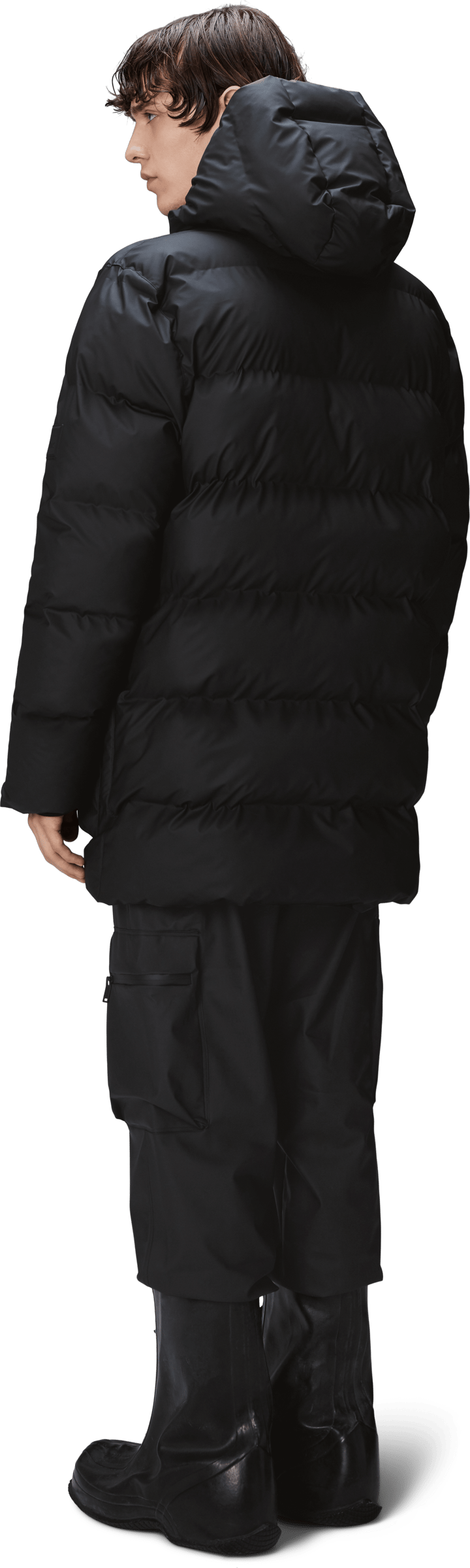 Rains Unisex Alta Long Puffer Cargo Jacket W3T4 Black Rains