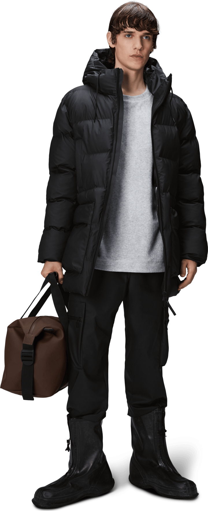 Rains Unisex Alta Long Puffer Cargo Jacket W3T4 Black Rains