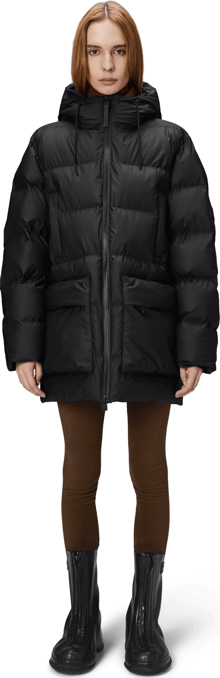 Rains Unisex Alta Long Puffer Cargo Jacket W3T4 Black Rains