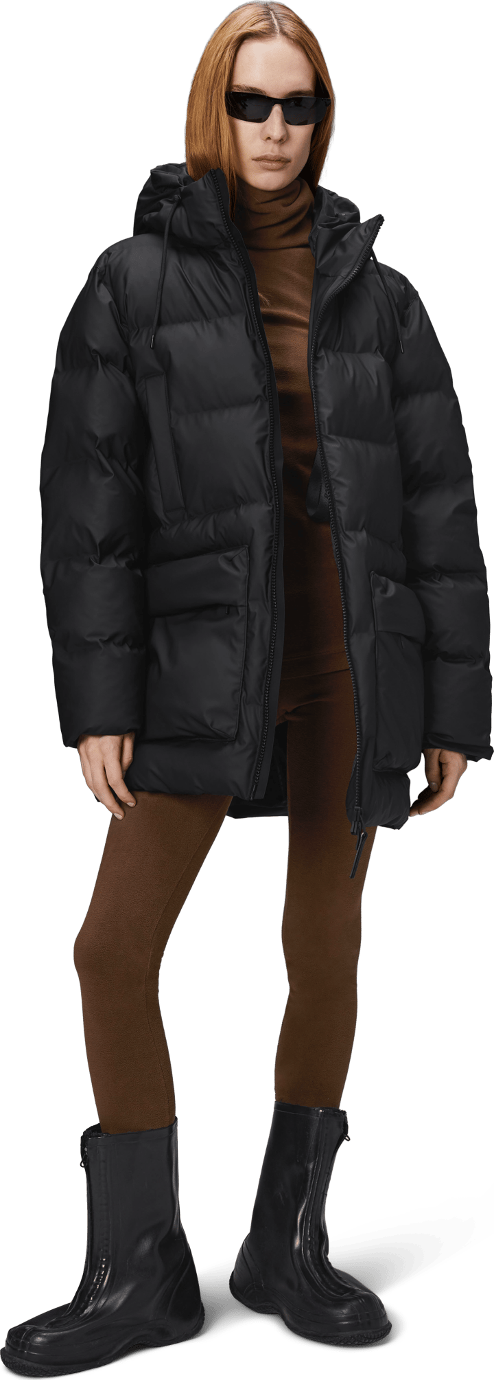 Rains Unisex Alta Long Puffer Cargo Jacket W3T4 Black Rains