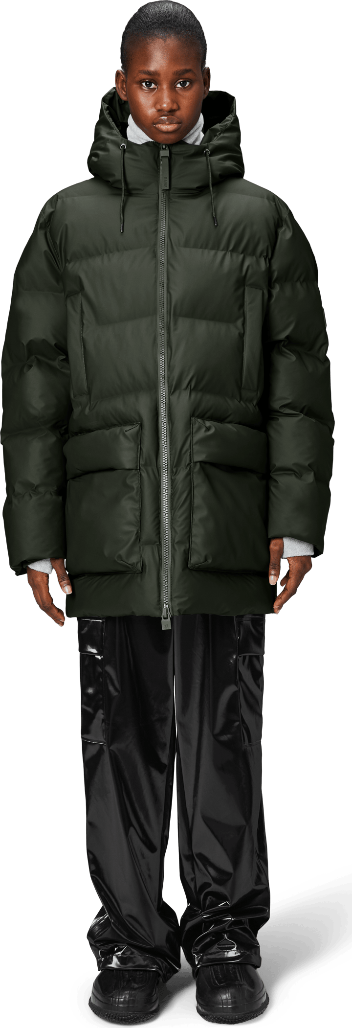 Rains Unisex Alta Long Puffer Cargo Jacket W3T4 Green Rains