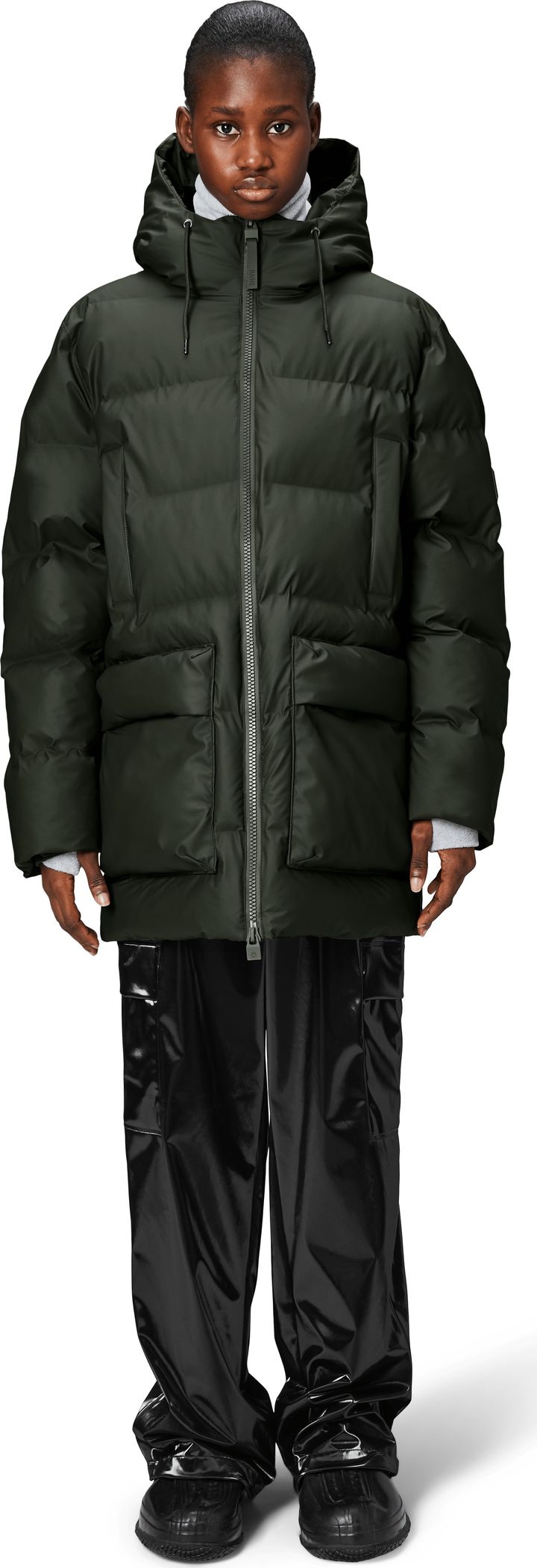 Rains Unisex Alta Long Puffer Cargo Jacket W3T4 Green Rains