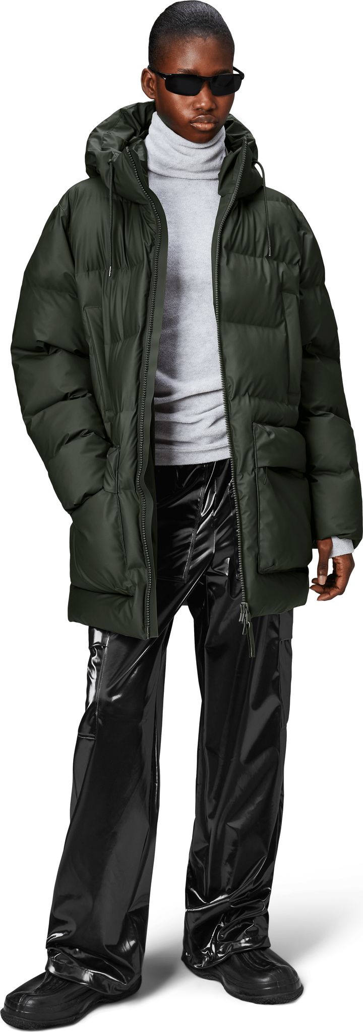 Rains Unisex Alta Long Puffer Cargo Jacket W3T4 Green Rains