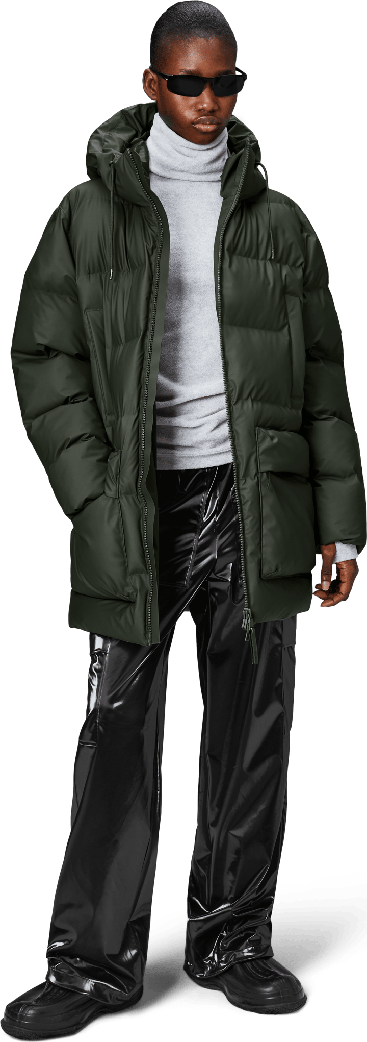 Rains Unisex Alta Long Puffer Cargo Jacket W3T4 Green Rains