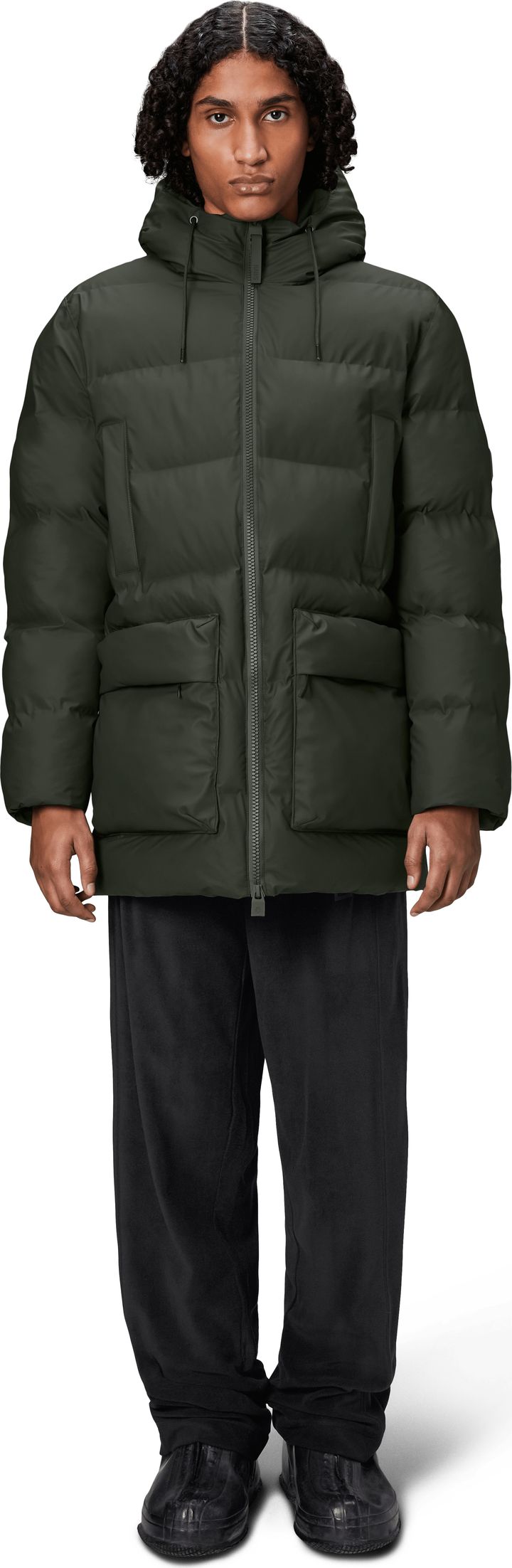 Rains Unisex Alta Long Puffer Cargo Jacket W3T4 Green Rains