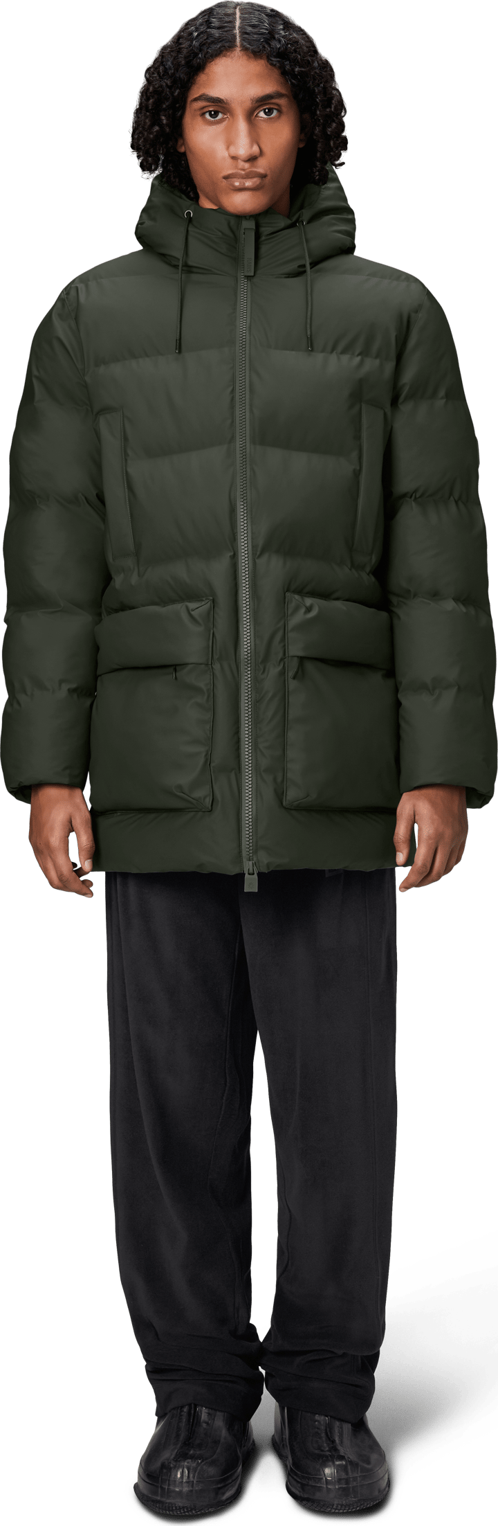 Rains Unisex Alta Long Puffer Cargo Jacket W3T4 Green Rains