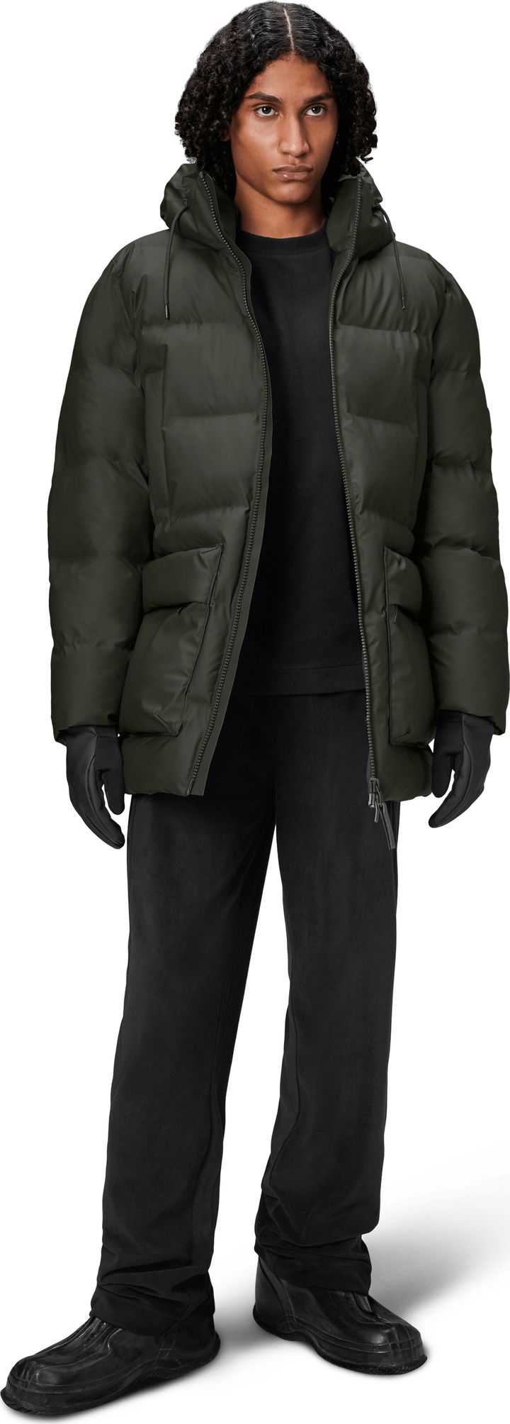 Rains Unisex Alta Long Puffer Cargo Jacket W3T4 Green Rains