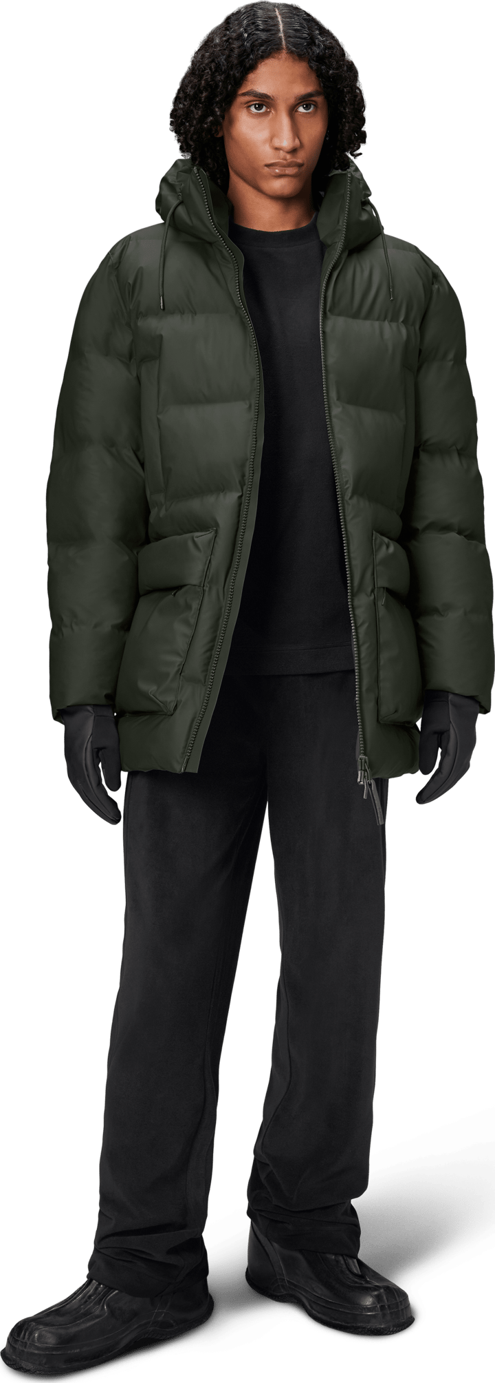 Rains Unisex Alta Long Puffer Cargo Jacket W3T4 Green Rains