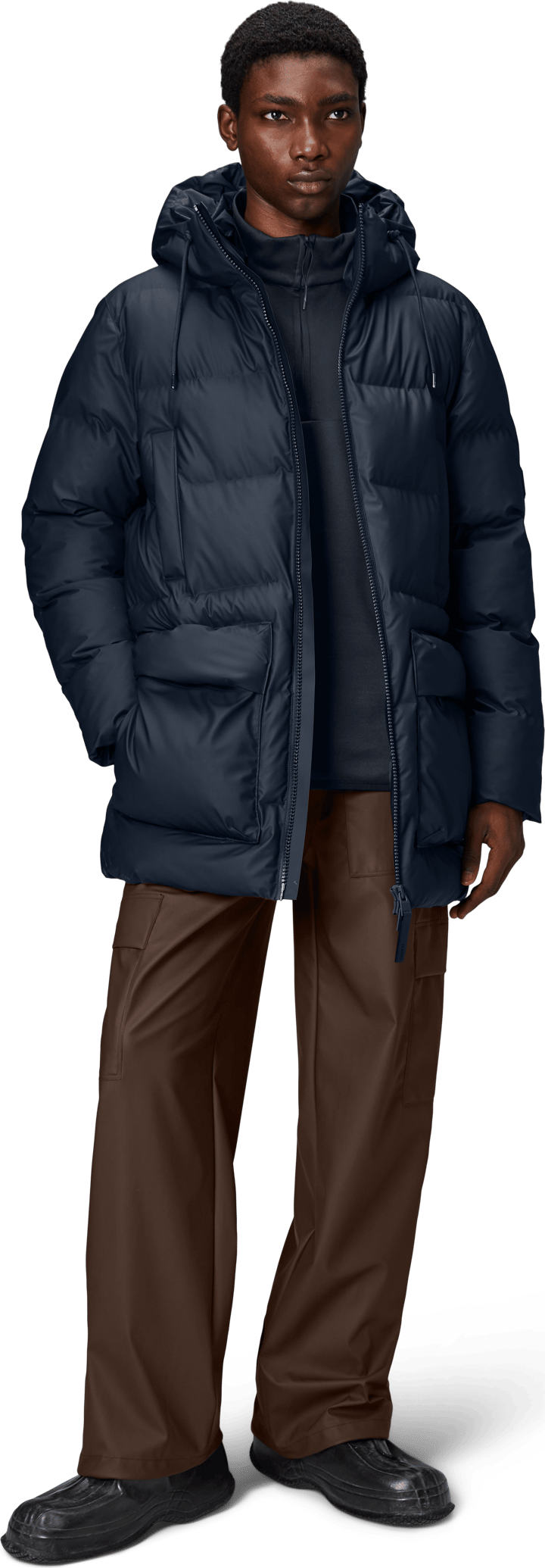 Rains Unisex Alta Long Puffer Cargo Jacket W3T4 Navy Rains