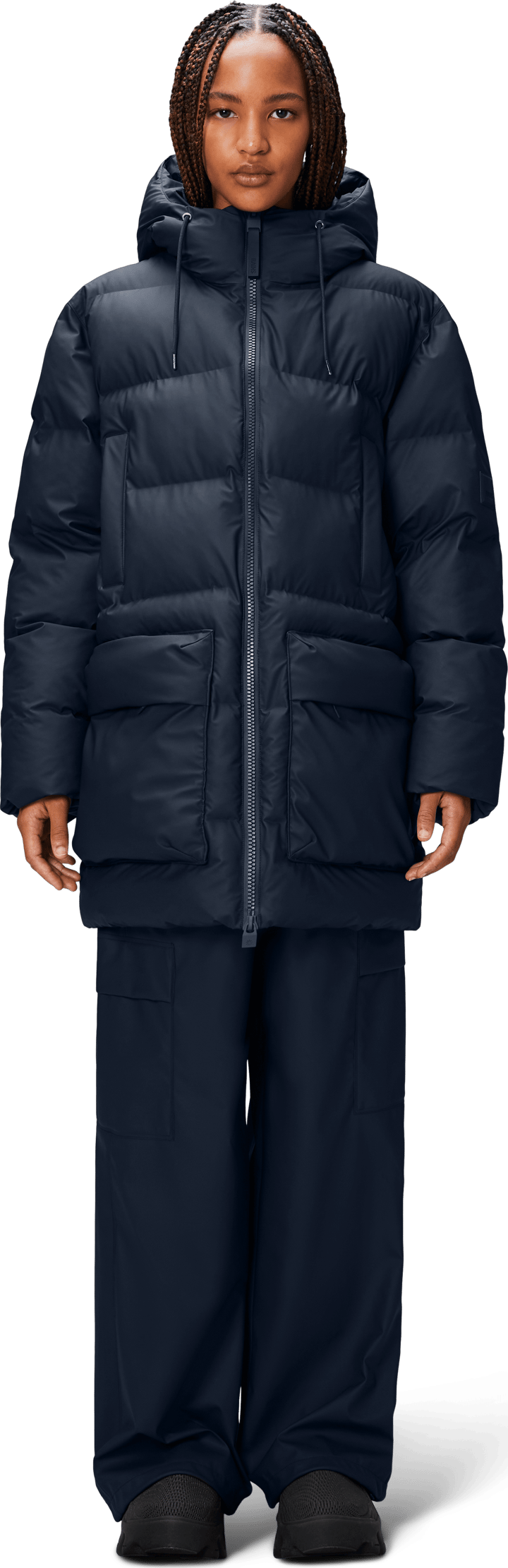 Rains Unisex Alta Long Puffer Cargo Jacket W3T4 Navy Rains