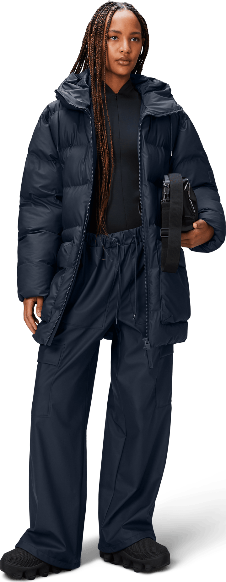 Rains Unisex Alta Long Puffer Cargo Jacket W3T4 Navy Rains