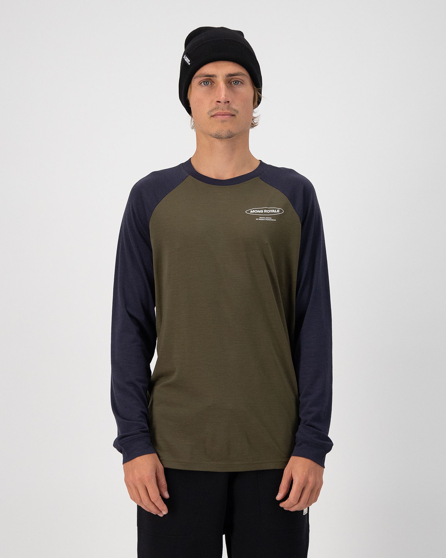 Mons Royale Men's Icon Merino Raglan Long Sleeve Dark Olive/9 Iron