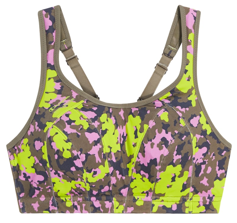 Shock Absorber Ultimate run sports bra in pink with yellow detail