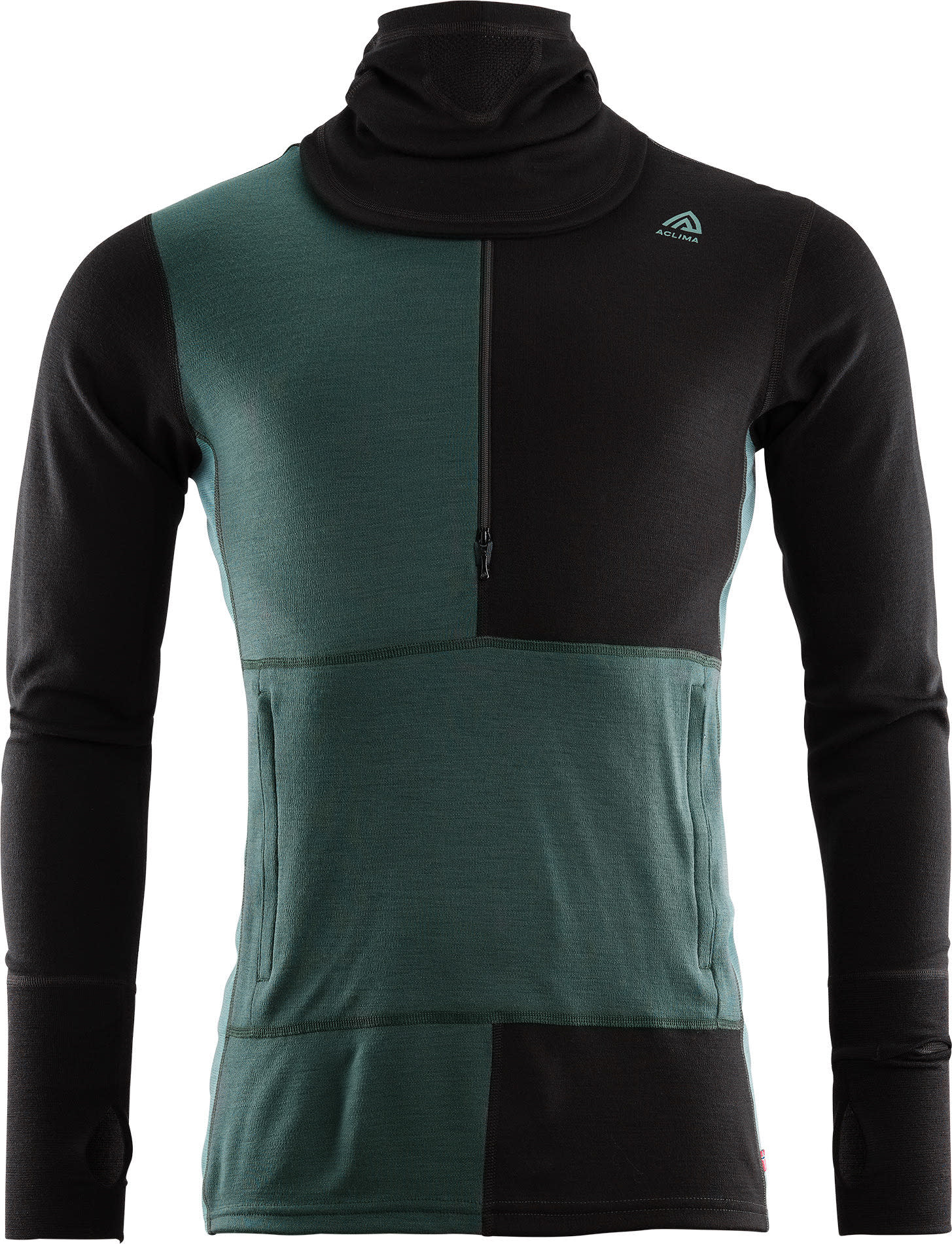 Aclima Men’s WarmWool Hoodsweater with Zip Jet Black/Green Gables/Northatlantic