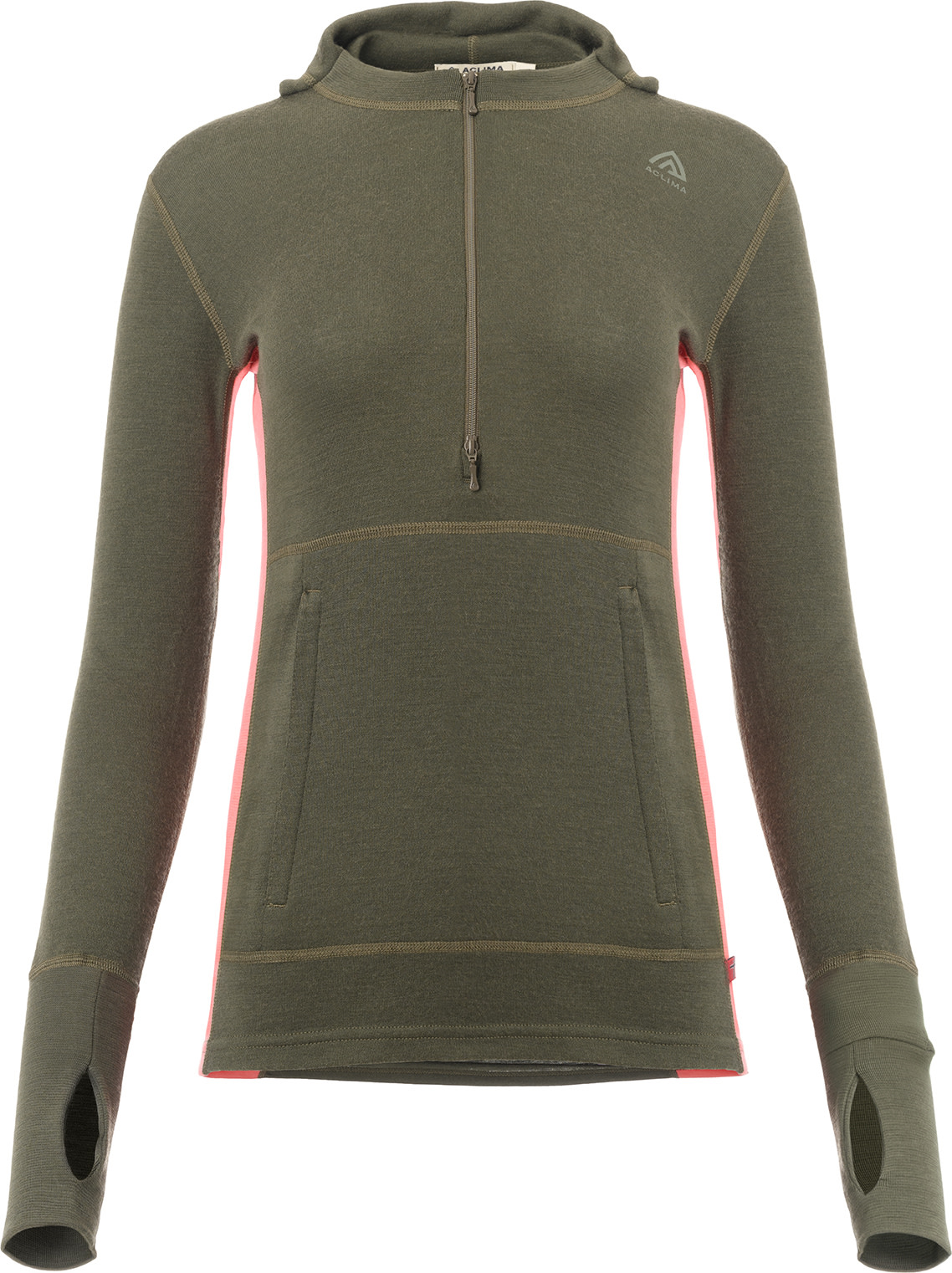 Aclima Women’s WarmWool Hoodsweater with Zip Olive Night/Spiced Coral