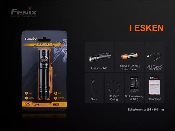 Fenix Fenix E35 V3 Led Lykt 3000lm Kraftig Oppladbar Lommelykt 5000mah Fenix