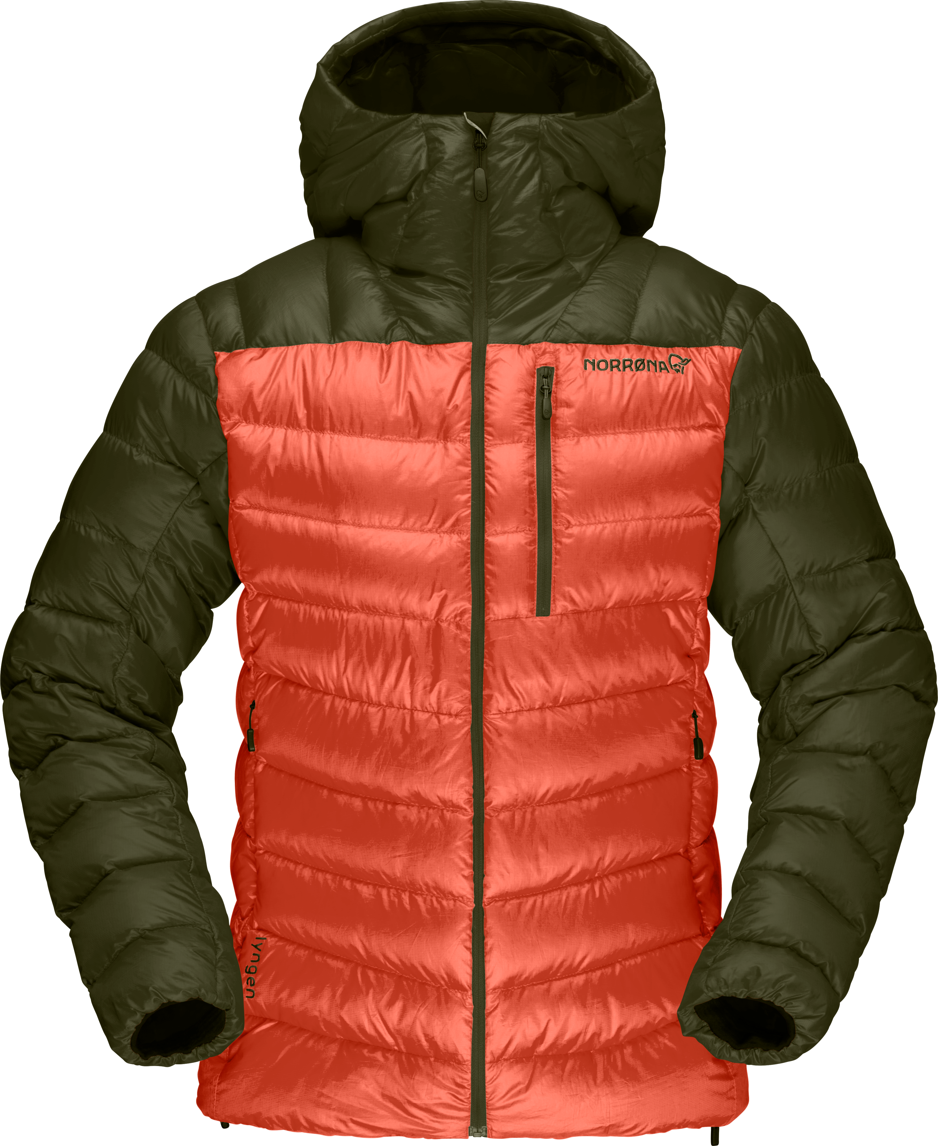 Norrøna Women’s Lyngen Down850 Hood Olive Night/Orange Alert