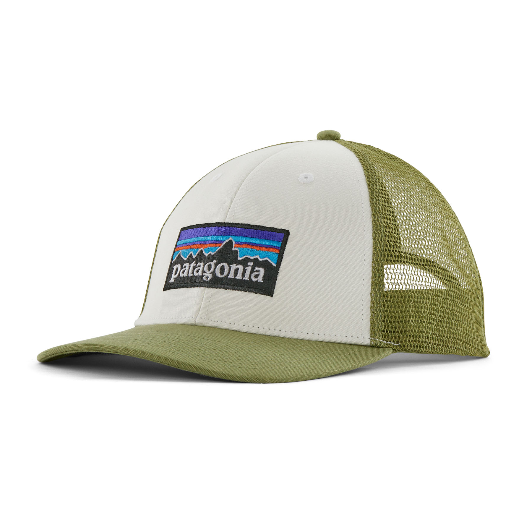 Patagonia P-6 Logo Lopro Trucker Hat White W/Buckhorn Green