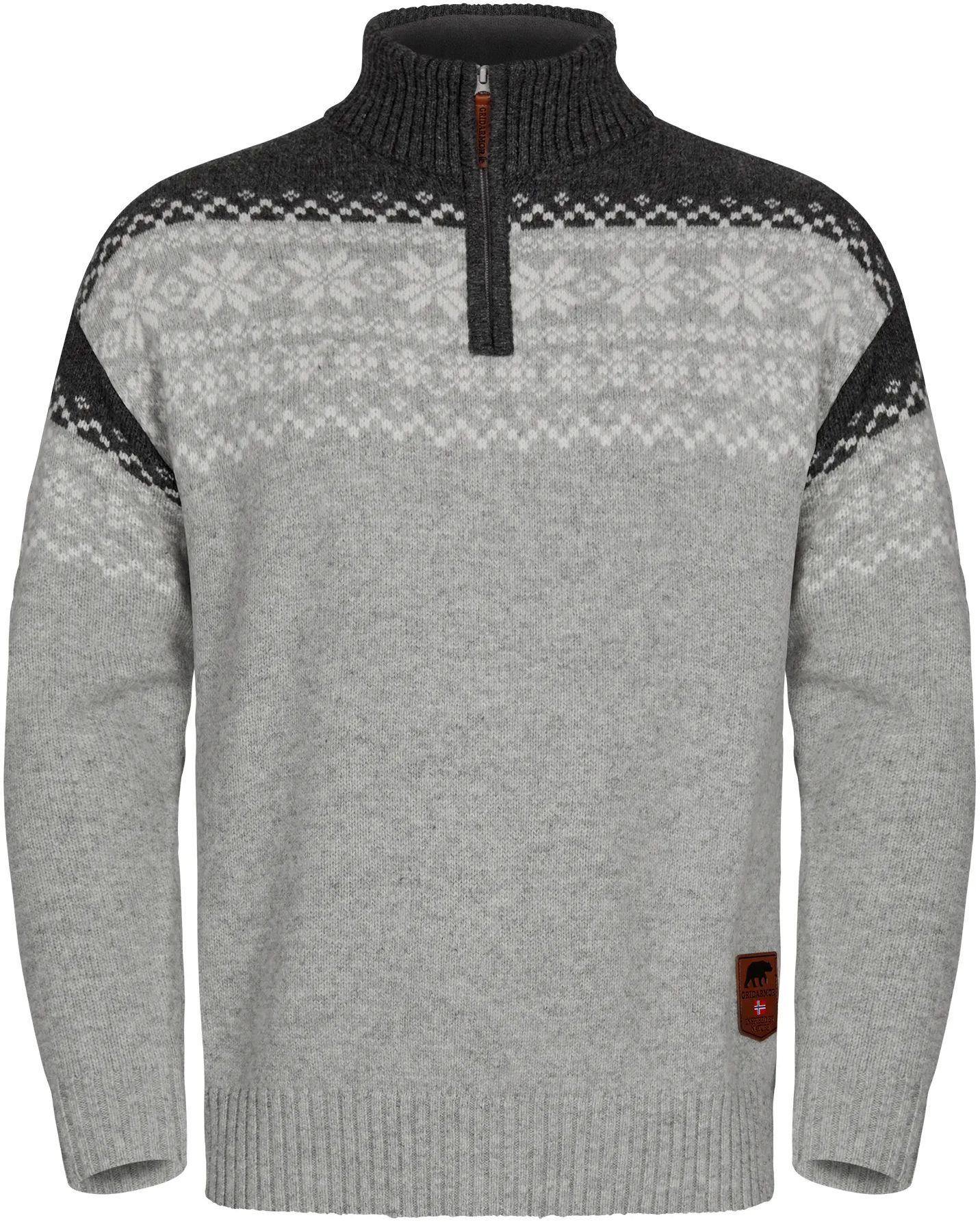 Gridarmor Men's Snøkrystall Half Zip Ullgenser Light Grey/Dark Grey/White